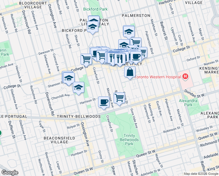 map of restaurants, bars, coffee shops, grocery stores, and more near 89 Montrose Avenue in Toronto