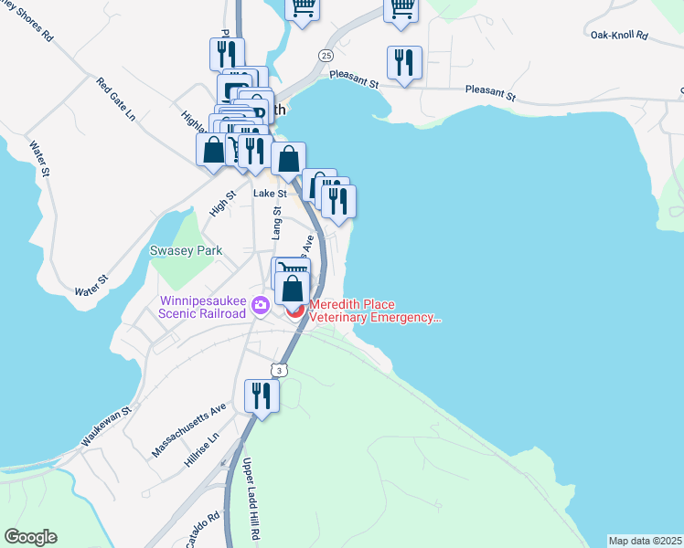 map of restaurants, bars, coffee shops, grocery stores, and more near 10 Lake Shore Drive in Meredith