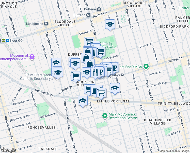 map of restaurants, bars, coffee shops, grocery stores, and more near 189 Sheridan Avenue in Toronto