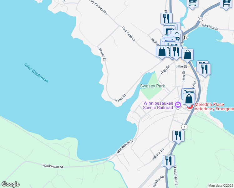 map of restaurants, bars, coffee shops, grocery stores, and more near 61 Water Street in Meredith