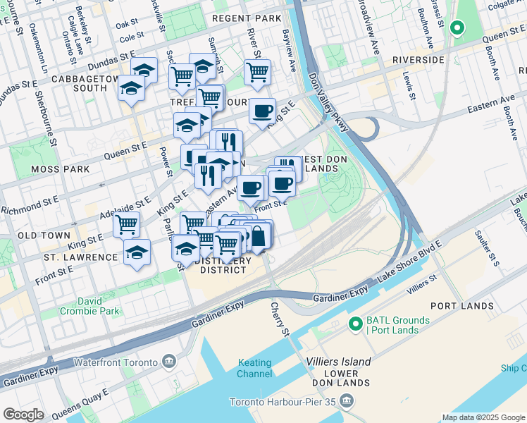 map of restaurants, bars, coffee shops, grocery stores, and more near in Toronto