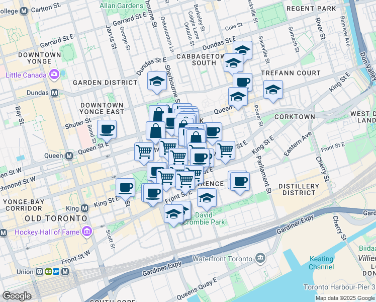 map of restaurants, bars, coffee shops, grocery stores, and more near 90 Sherbourne Street in Toronto