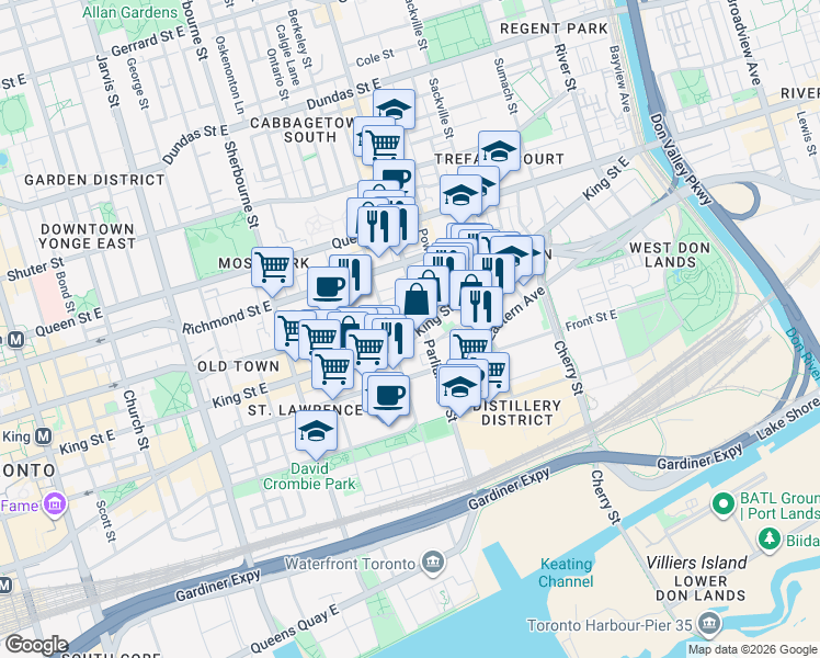 map of restaurants, bars, coffee shops, grocery stores, and more near 318 King Street East in Toronto