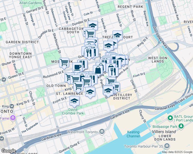 map of restaurants, bars, coffee shops, grocery stores, and more near 318 King Street East in Toronto