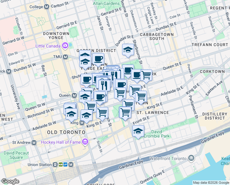 map of restaurants, bars, coffee shops, grocery stores, and more near 115 Richmond Street East in Toronto