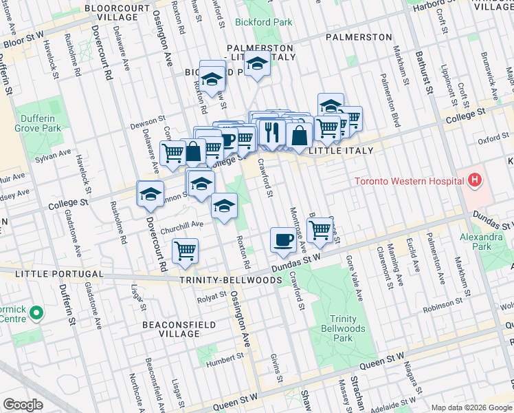 map of restaurants, bars, coffee shops, grocery stores, and more near 403 Shaw Street in Toronto