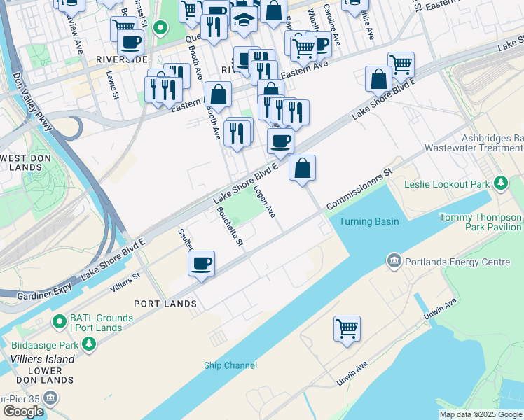 map of restaurants, bars, coffee shops, grocery stores, and more near 755 Lake Shore Boulevard East in Toronto