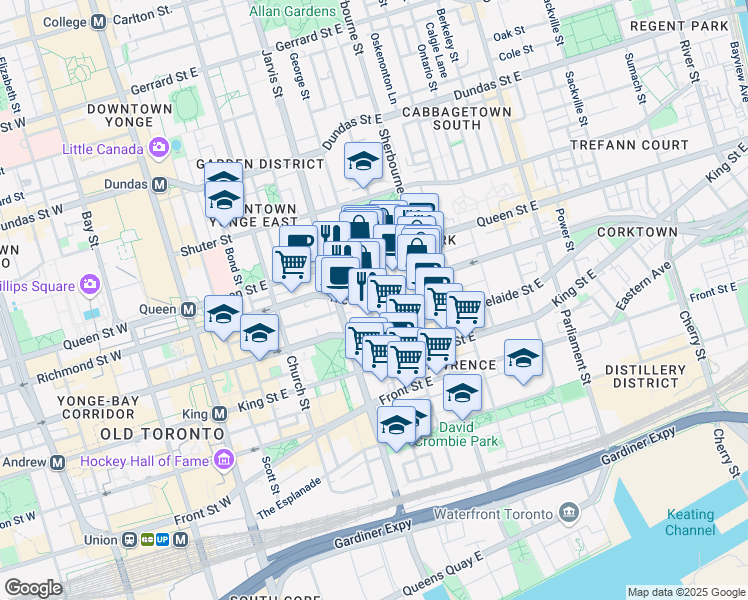 map of restaurants, bars, coffee shops, grocery stores, and more near 118 George Street in Toronto