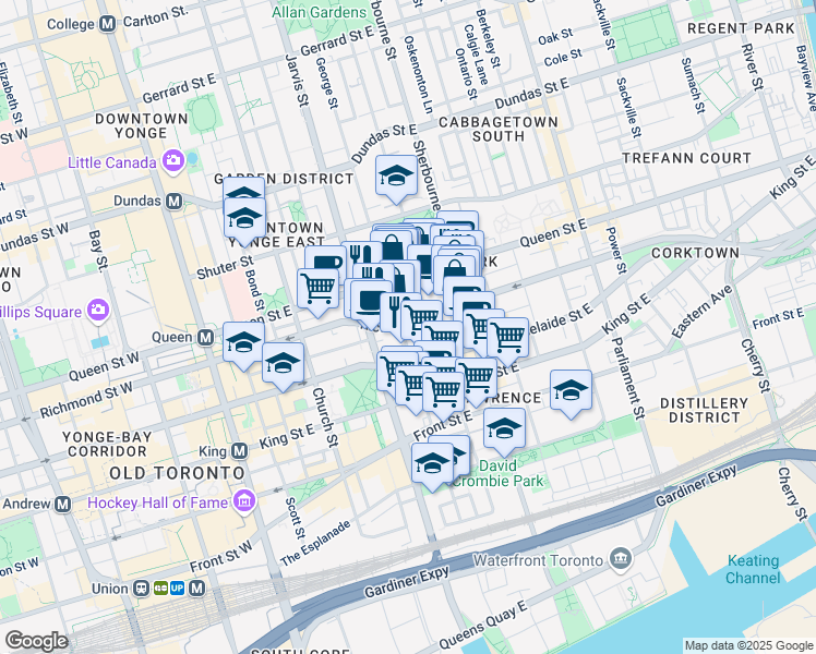 map of restaurants, bars, coffee shops, grocery stores, and more near in Toronto