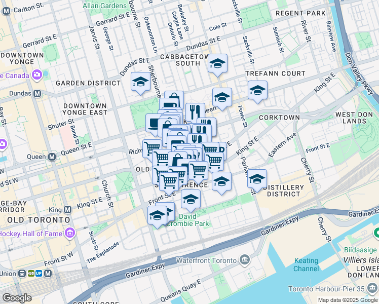 map of restaurants, bars, coffee shops, grocery stores, and more near 400 Adelaide Street East in Toronto
