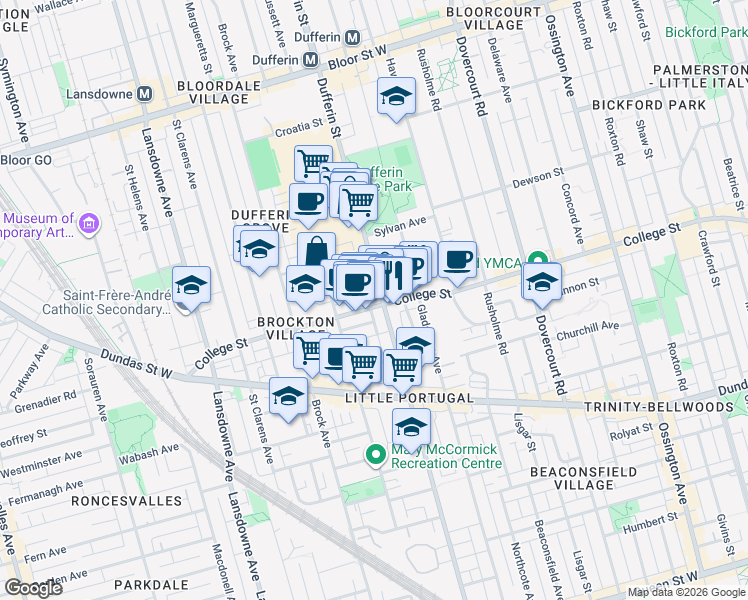 map of restaurants, bars, coffee shops, grocery stores, and more near 1114 College Street in Toronto