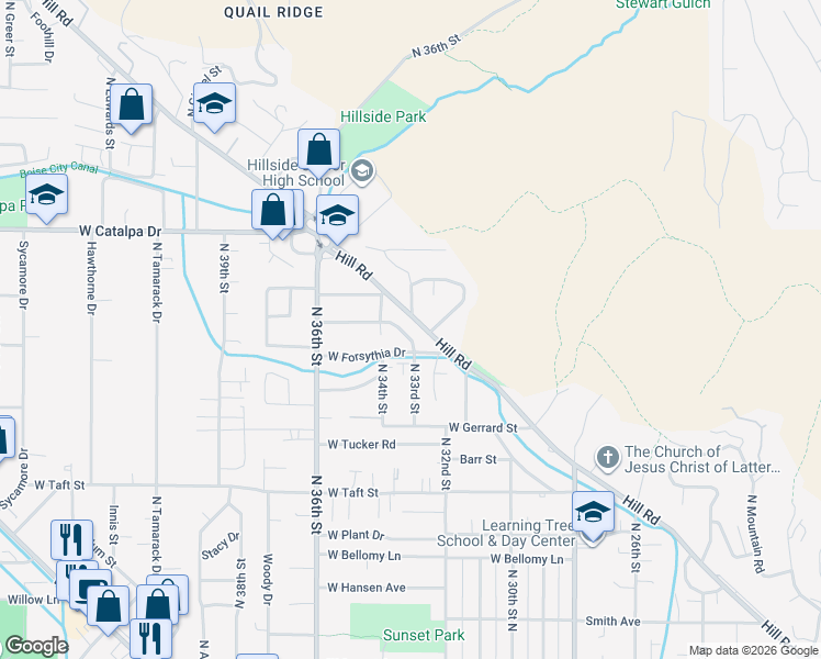 map of restaurants, bars, coffee shops, grocery stores, and more near 3605 North Stone Creek Way in Boise