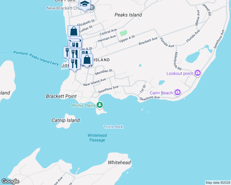 map of restaurants, bars, coffee shops, grocery stores, and more near 59 Seashore Avenue in Portland