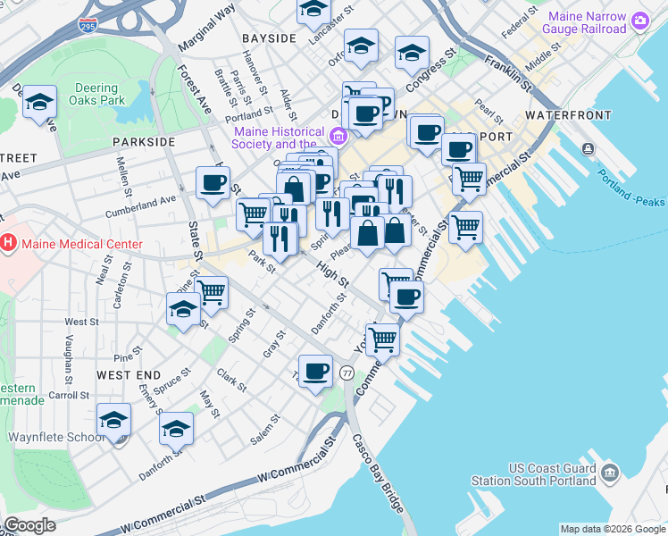 map of restaurants, bars, coffee shops, grocery stores, and more near 88 Pleasant Street in Portland