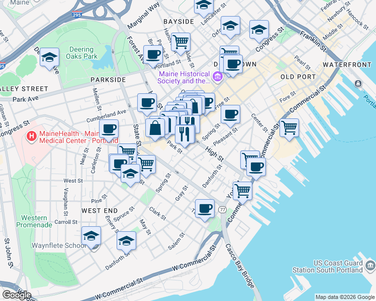 map of restaurants, bars, coffee shops, grocery stores, and more near 1 Spring Street Place in Portland