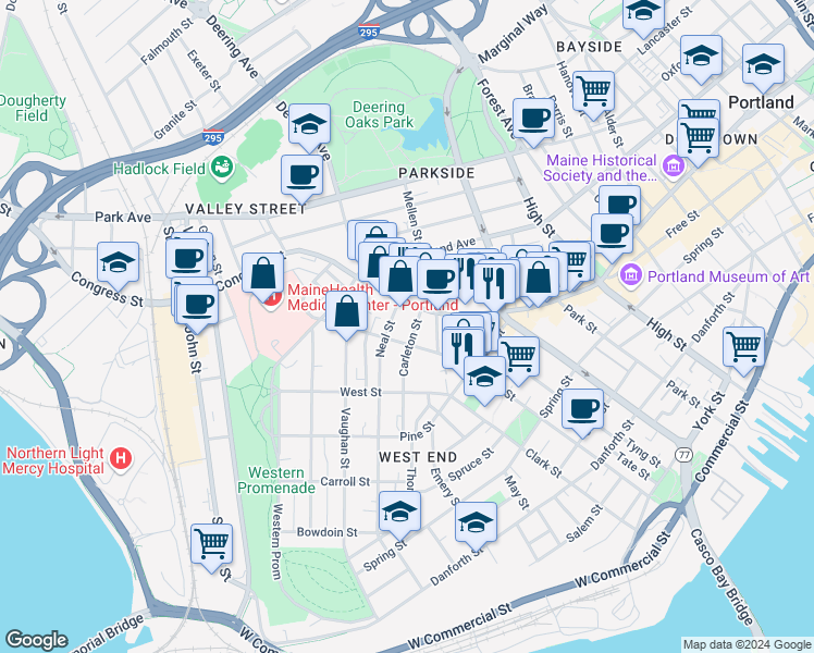 map of restaurants, bars, coffee shops, grocery stores, and more near in Portland