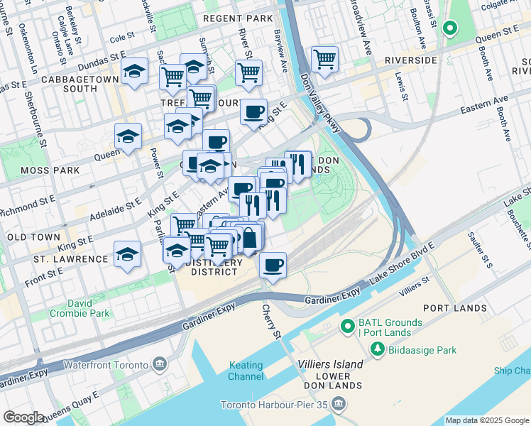 map of restaurants, bars, coffee shops, grocery stores, and more near in Toronto