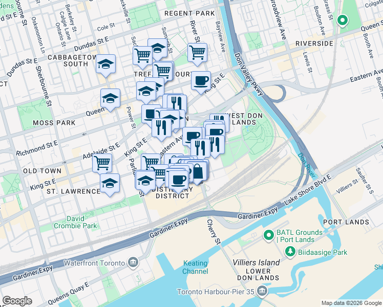 map of restaurants, bars, coffee shops, grocery stores, and more near in Toronto