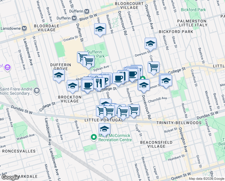 map of restaurants, bars, coffee shops, grocery stores, and more near in Toronto