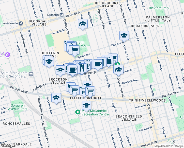 map of restaurants, bars, coffee shops, grocery stores, and more near in Toronto