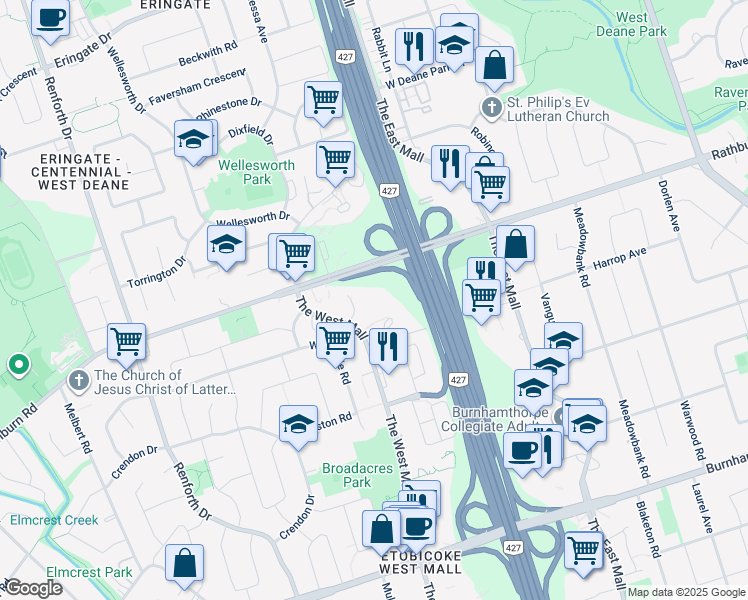 map of restaurants, bars, coffee shops, grocery stores, and more near in Toronto
