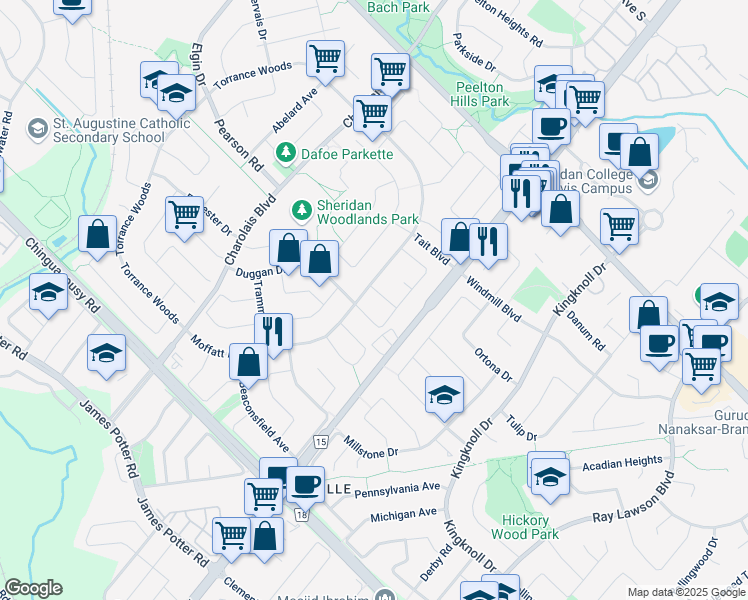 map of restaurants, bars, coffee shops, grocery stores, and more near 2 Farley Road in Brampton