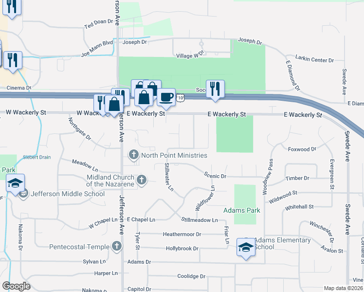 map of restaurants, bars, coffee shops, grocery stores, and more near 6106 Peachtree Circle in Midland