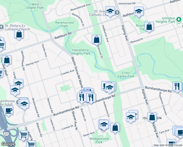 map of restaurants, bars, coffee shops, grocery stores, and more near 29 Lorraine Gardens in Toronto