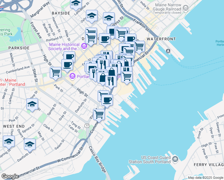 map of restaurants, bars, coffee shops, grocery stores, and more near U.S. 1 Alternate in Portland