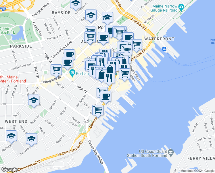 map of restaurants, bars, coffee shops, grocery stores, and more near 7 Maple Street in Portland