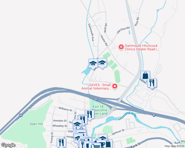 map of restaurants, bars, coffee shops, grocery stores, and more near 193 Hanover Street in Lebanon
