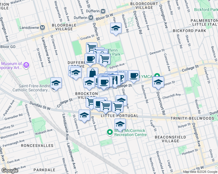 map of restaurants, bars, coffee shops, grocery stores, and more near 1114 College Street in Toronto
