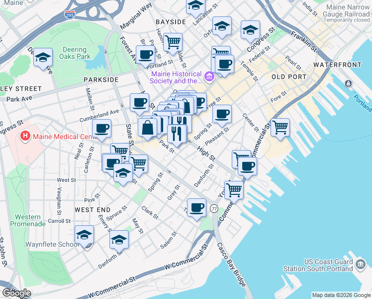 map of restaurants, bars, coffee shops, grocery stores, and more near 1 Spring Street Place in Portland
