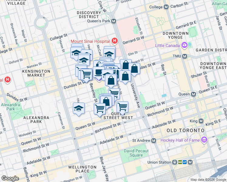 map of restaurants, bars, coffee shops, grocery stores, and more near 79 McCaul Street in Toronto