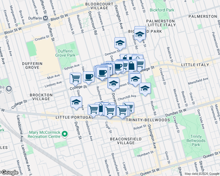 map of restaurants, bars, coffee shops, grocery stores, and more near 404 Dovercourt Road in Toronto