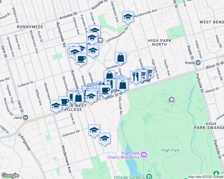 map of restaurants, bars, coffee shops, grocery stores, and more near 2112 Bloor Street West in Toronto