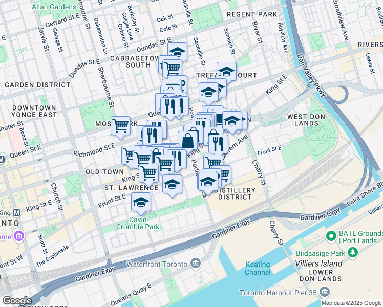 map of restaurants, bars, coffee shops, grocery stores, and more near in Toronto