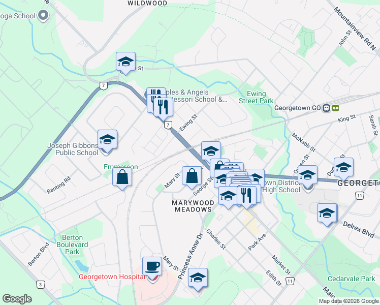 map of restaurants, bars, coffee shops, grocery stores, and more near 32 Ontario 7 in Halton Hills