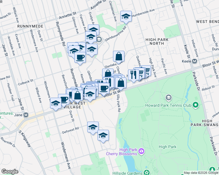 map of restaurants, bars, coffee shops, grocery stores, and more near 17 Kennedy Park Road in Toronto