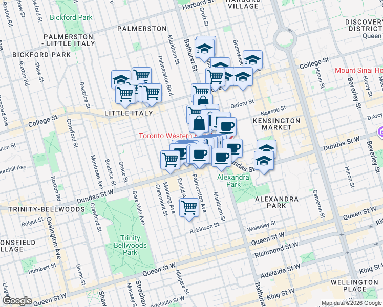 map of restaurants, bars, coffee shops, grocery stores, and more near 179 Palmerston Avenue in Toronto
