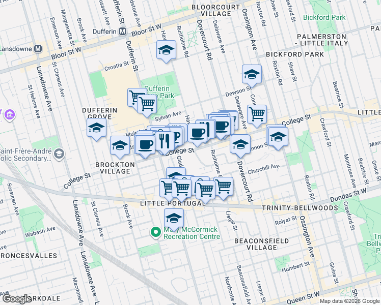 map of restaurants, bars, coffee shops, grocery stores, and more near 1041 College Street in Toronto