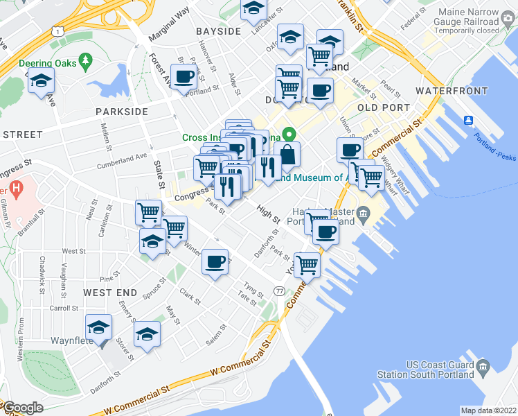 map of restaurants, bars, coffee shops, grocery stores, and more near High St & Pleasant St in Portland