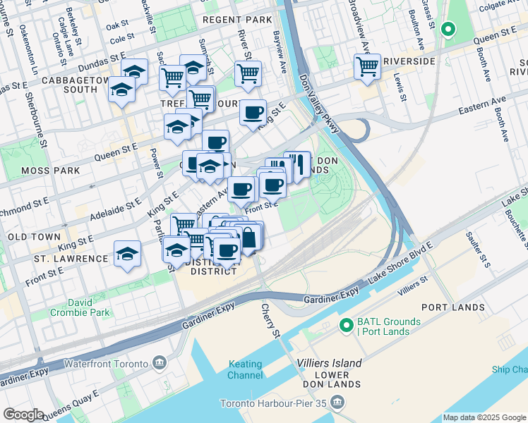 map of restaurants, bars, coffee shops, grocery stores, and more near 455 Front Street East in Toronto