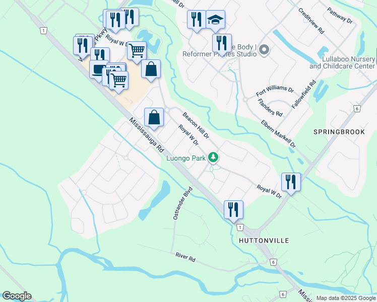 map of restaurants, bars, coffee shops, grocery stores, and more near Black Diamond Crescent in Brampton