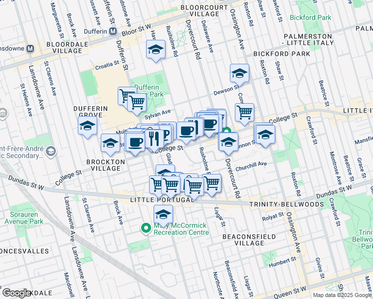 map of restaurants, bars, coffee shops, grocery stores, and more near 1033 College Street in Toronto