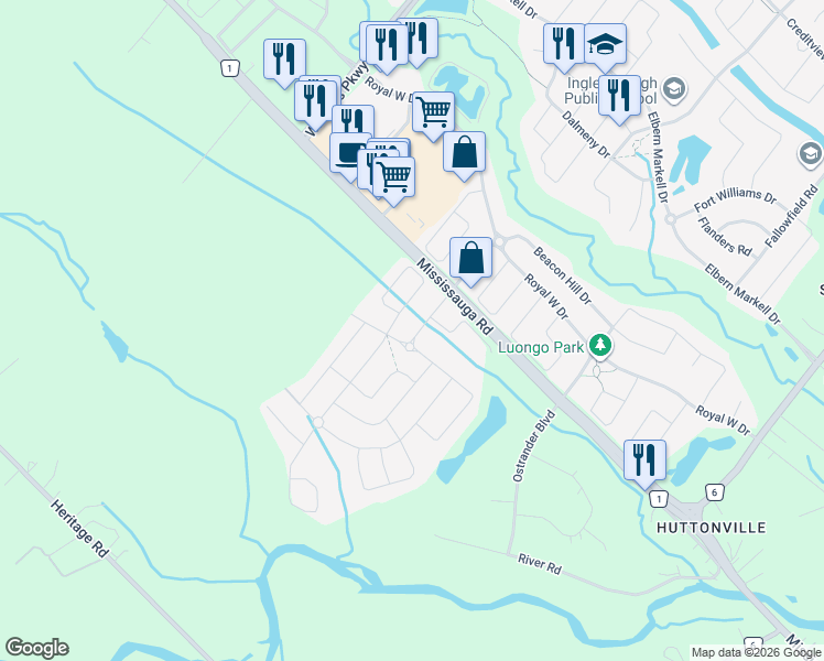 map of restaurants, bars, coffee shops, grocery stores, and more near 18 Settlers Field Road in Brampton