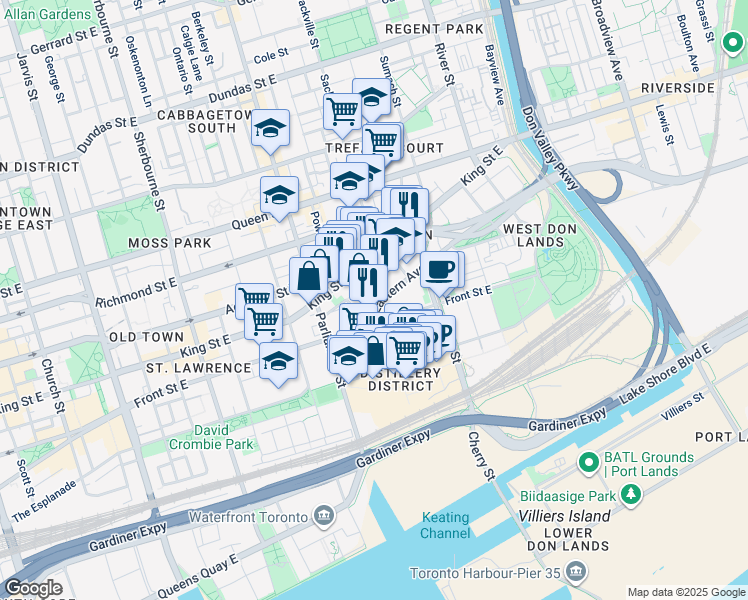 map of restaurants, bars, coffee shops, grocery stores, and more near in Toronto