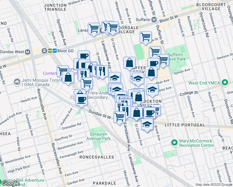 map of restaurants, bars, coffee shops, grocery stores, and more near 320-816 Lansdowne Avenue in Toronto