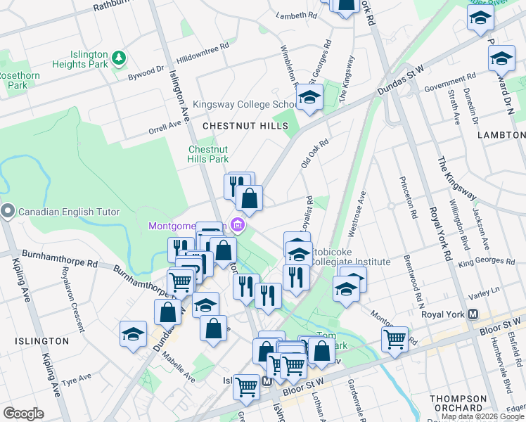 map of restaurants, bars, coffee shops, grocery stores, and more near 3 Donnybrook Lane in Toronto