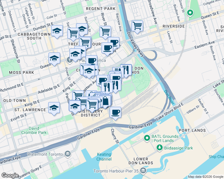 map of restaurants, bars, coffee shops, grocery stores, and more near 455 Front Street East in Toronto